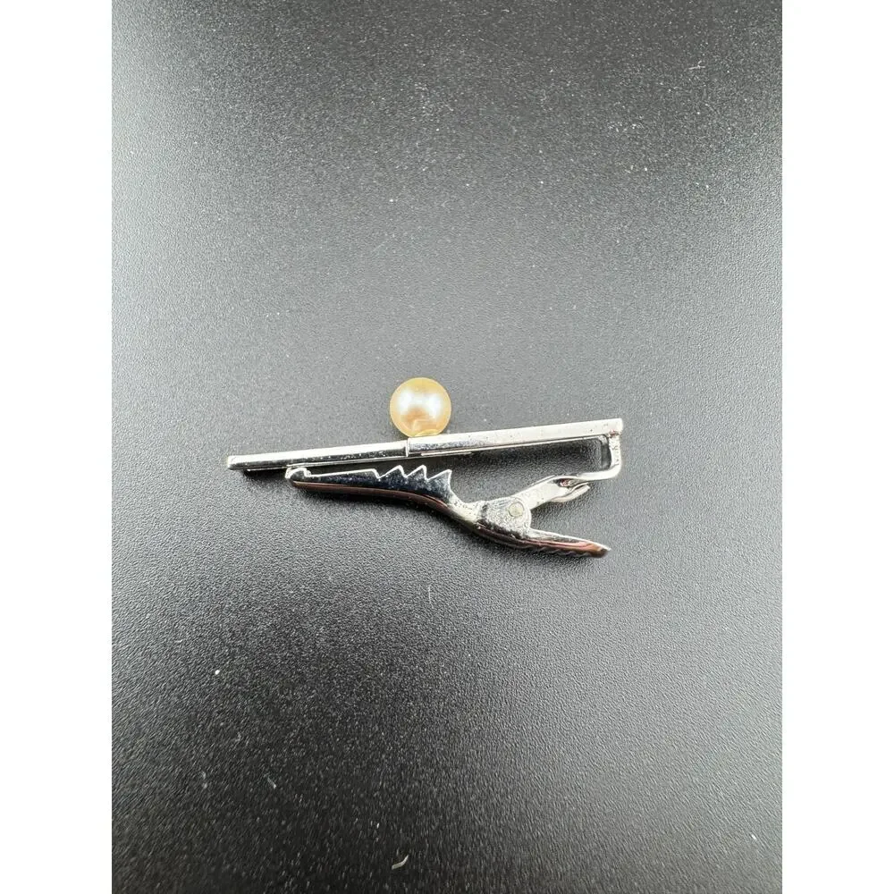 Vintage Pearl Tie Clip Silver Tone Mens Tie Bar Clasp